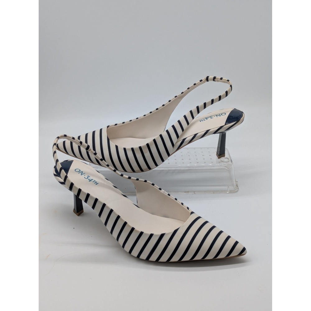 On 34th Womens 8M Navy Ivory Stripe Slingback Kitten Heel Pointed Toe Pumps